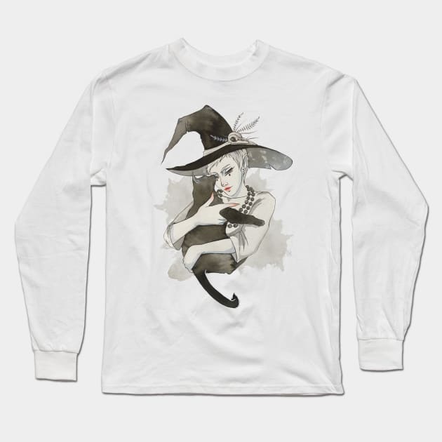 the witch with the cat Long Sleeve T-Shirt by SeriSeli